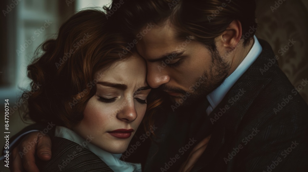 A loving couple shares an intimate, emotional embrace, capturing a tender moment of connection and support in a dimly lit setting. A loving couple shares an intimate, emotional embrace, capturing a tender moment of connection and support in a dimly lit setting.