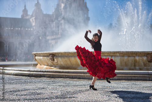 Young, beautiful, brunette woman in black shirt and red skirt, dancing flamenco in front of a beautiful fountain in Spain square in Seville. Flamenco concept, dance, art, typical Spanish.