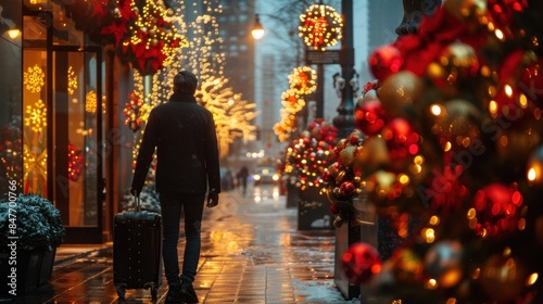 A man with a suitcase walks through a beautifully decorated street during Christmas, surrounded by vibrant holiday lights and ornaments.