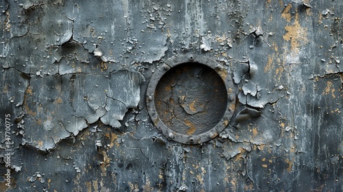 Rough wall with a circular hole, spreading cracks in rings, raw texture, industrial feel photo