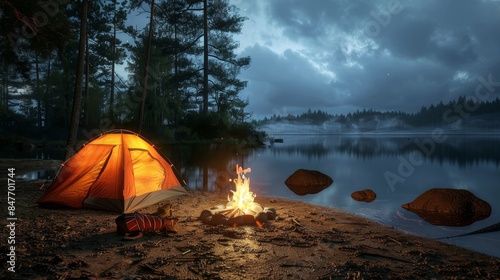 Seamless loop woods camping with campfire, tent, cooking gear for outdoor adventure