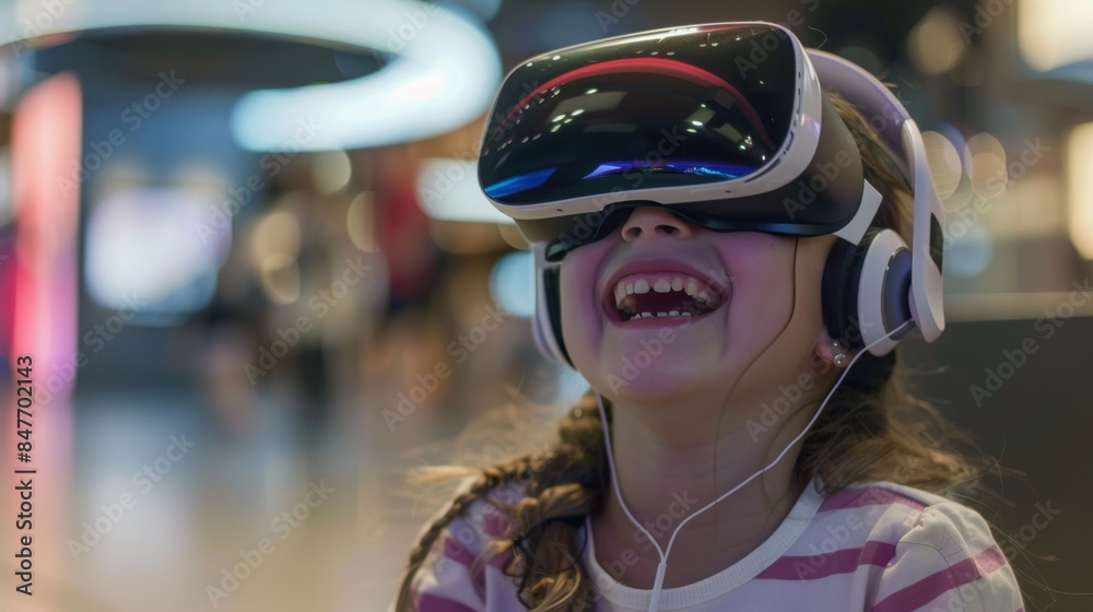 A girl smiling and laughing while using a virtual reality headset, experiencing immersive technology in a futuristic setting. A girl smiling and laughing while using a virtual reality headset, experiencing immersive technology in a futuristic setting.