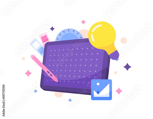 concept of graphic designer, illustrator, artist. creative workers. creator content. illustrator pen tablet, color palette, ruler, lamp, and image symbols. illustration concept design. graphic element