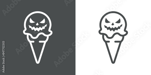 Logo ice cream. Bola de helado en cono de waffle con líneas con cara de calabaza de Halloween