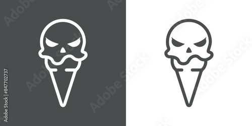 Logo ice cream. Bola de helado en cono de waffle con líneas con cara de calavera enojada para Halloween	