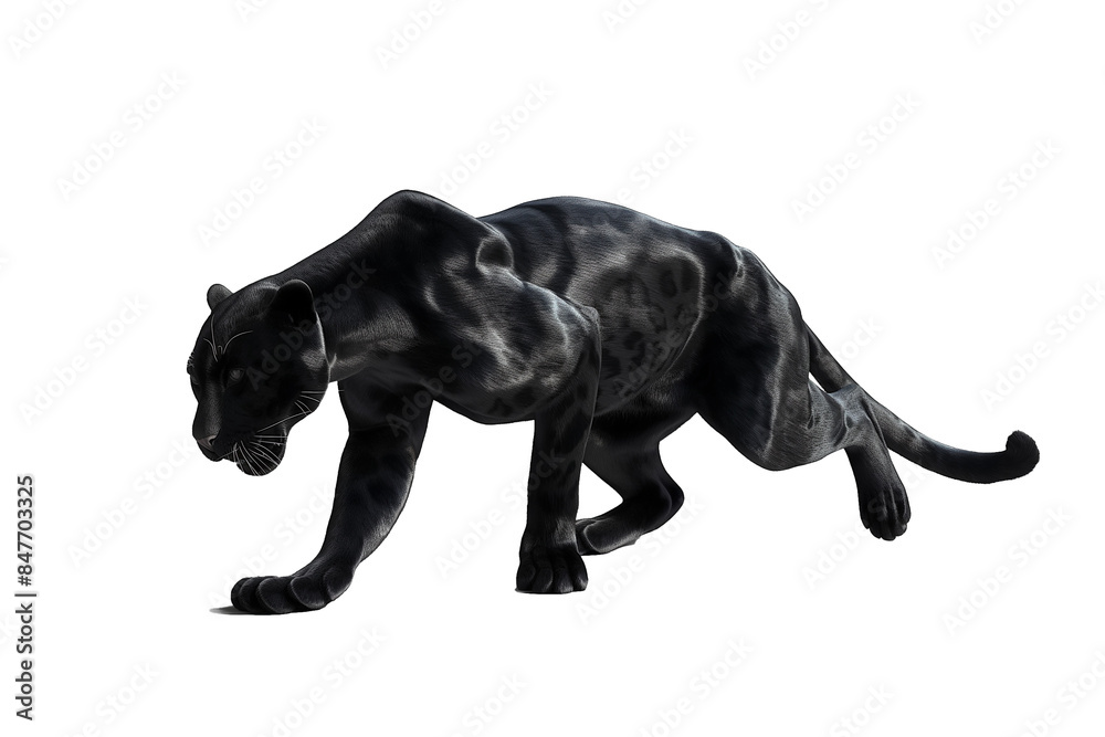 Fototapeta premium A black panther is walking on a white background transparency background PNG