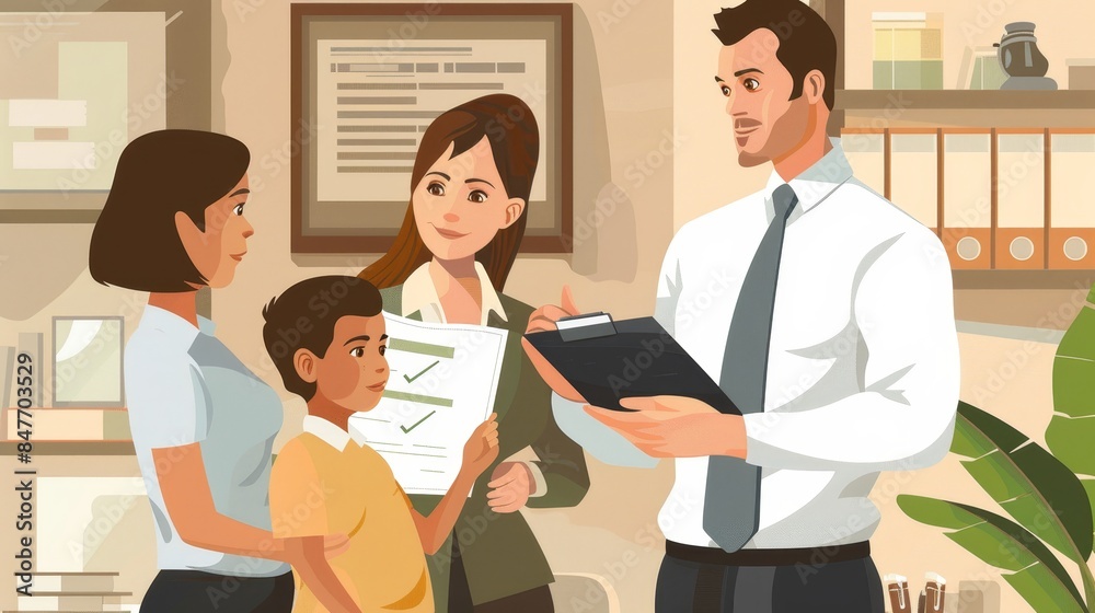 Insurance agent explaining policy to a family, flat design, warm colors, vector illustration Insurance agent explaining policy to a family, flat design, warm colors, vector illustration