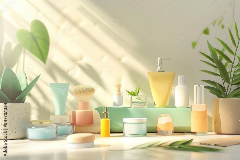 Natural Skincare Vanity: Sunlit Assortment of Organic Beauty Products and Greenery for Eco-Friendly Self-Care Natural Skincare Vanity: Sunlit Assortment of Organic Beauty Products and Greenery for Eco-Friendly Self-Care