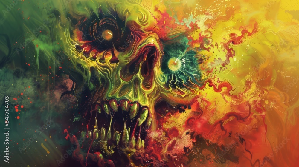 Obraz premium A painting of a skull with bright colors and swirls, AI