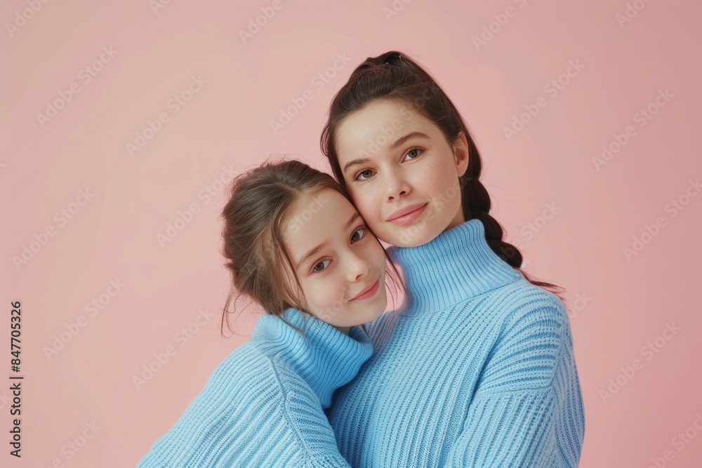 Mother 50 years old with young adult daughter. Both women wearing blue casual clothes stand behind mother, looking at camera isolated on a pastel light pink backdrop. Family day concept. Mother 50 years old with young adult daughter. Both women wearing blue casual clothes stand behind mother, looking at camera isolated on a pastel light pink backdrop. Family day concept.