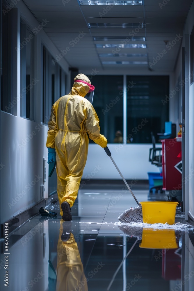 Professional Photography of a sanitation worker wearing protective gear and cleaning the office during the night shift, Generative AI Professional Photography of a sanitation worker wearing protective gear and cleaning the office during the night shift, Generative AI