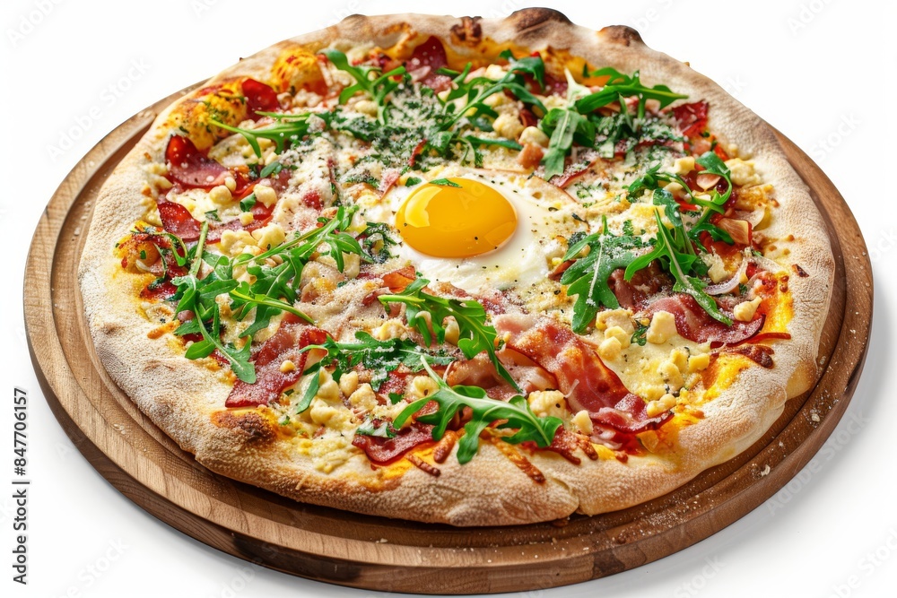 Pizza Carbonara with Bacon, Cheese, Rucola, Tomato Sauce, Mozzarella and Raw Egg Yolk Isolated