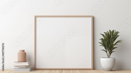 Minimalist Interior with Wooden Frame, Books, and Plant
