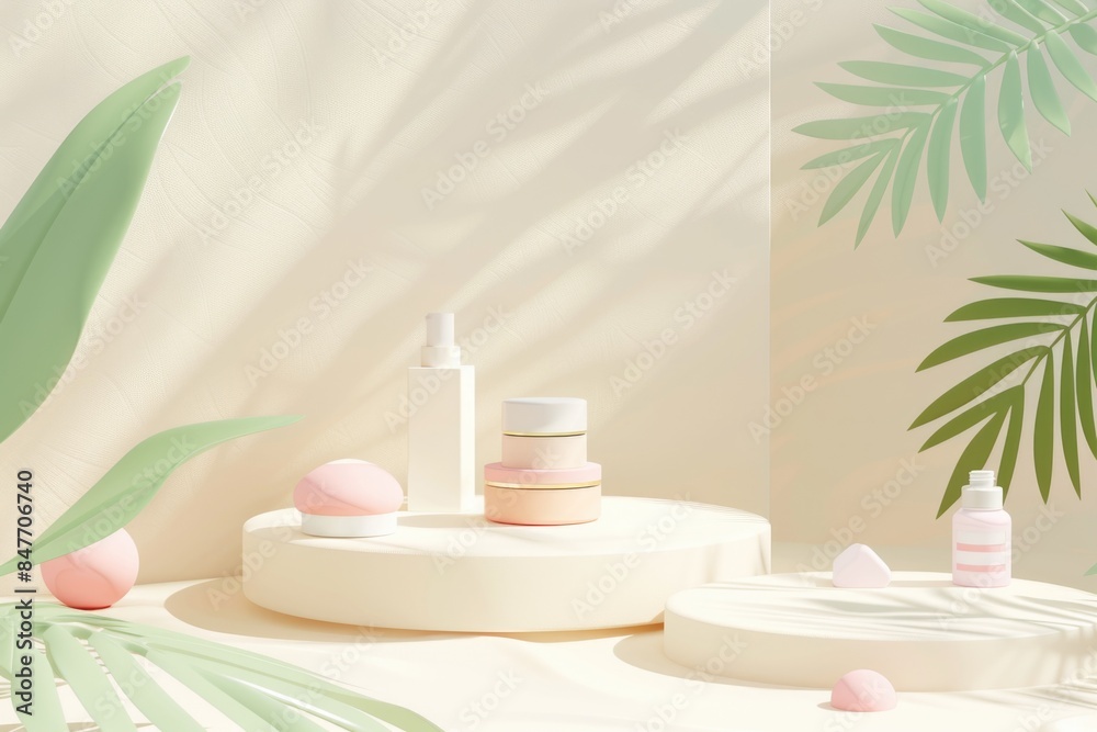Modern Minimalist Skincare Product Display with Natural Elements for Beauty and Wellness Promotions Modern Minimalist Skincare Product Display with Natural Elements for Beauty and Wellness Promotions