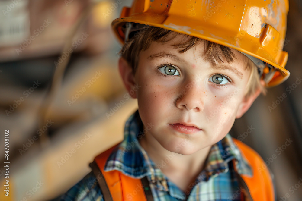AI generated picture of small cute child wearing helmet and costume like an adult