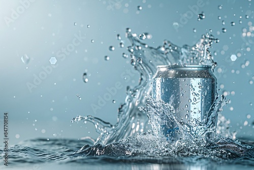 Aluminum can splashing out of water against a blue backdrop