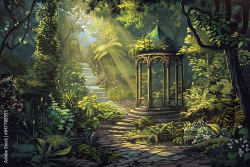 The illustration depicts an enchanted fantasy garden in the forest with trees, bushes, and a gazebo