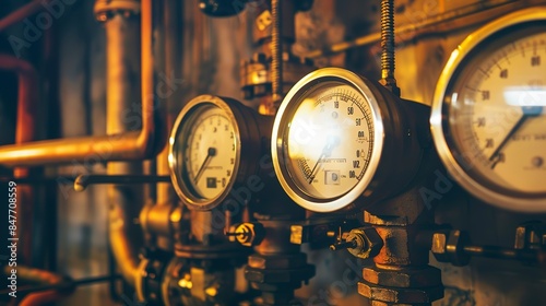 Close-up of pressure gauges on factory boiler, maintenance area, no humans, precise scale, warm light  © Thanthara