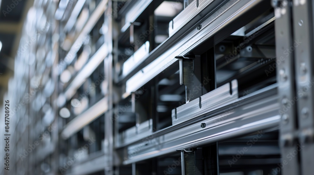 Heavy duty storage racks in factory, close-up, no people, strong steel frames, neutral lighting Heavy duty storage racks in factory, close-up, no people, strong steel frames, neutral lighting