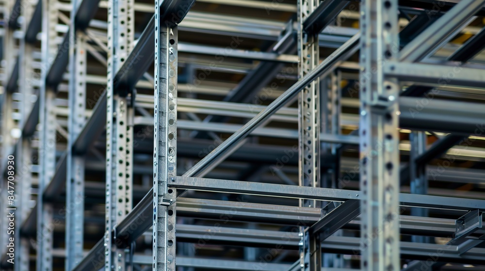 Heavy duty storage racks in factory, close-up, no people, strong steel frames, neutral lighting Heavy duty storage racks in factory, close-up, no people, strong steel frames, neutral lighting