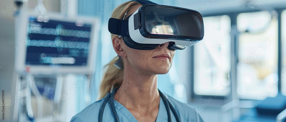 Patient using VR for physical rehabilitation, innovative medical technology