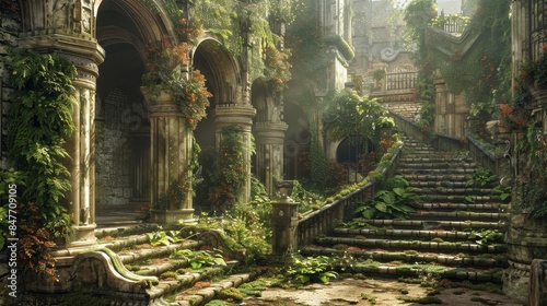 A mysterious ruin of a medieval fantasy temple, overgrown by ivy. 3D illustration. © Mark