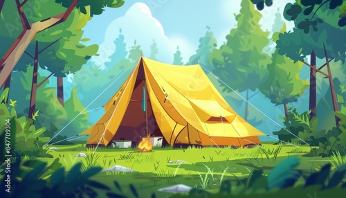 Forest camping video background campfire, tent, cooking gear, cozy glow loop for outdoor adventure