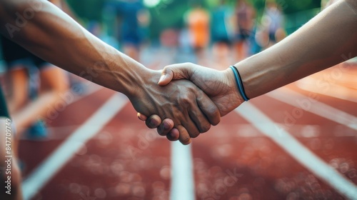 Sports event handshake, finish line, mutual respect