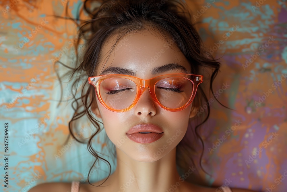 Portrait of Lovely Woman Blowing Kiss with Closed Eyes in Transparent Eyewear Portrait of Lovely Woman Blowing Kiss with Closed Eyes in Transparent Eyewear