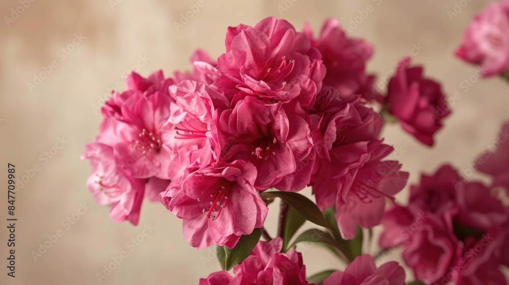 A deep pink azalea flower in close up with other flowers on a beige backdrop A deep pink azalea flower in close up with other flowers on a beige backdrop