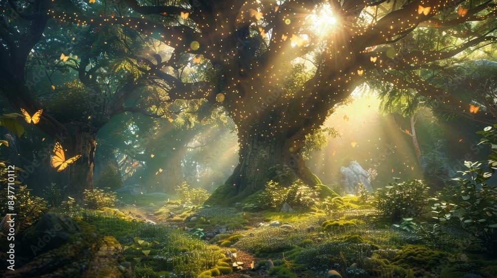 Imaginary enchanted forest with butterflies and flowers. Fairy tale outdoor background. Stock image made with artificial intelligence. Imaginary enchanted forest with butterflies and flowers. Fairy tale outdoor background. Stock image made with artificial intelligence.