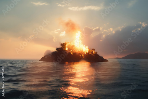 海, 島, 噴火, 火事, 火災, 災害, 燃える島, sea, island, eruption, fire, disaster, burning island