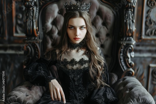 Beautiful girl in the crown sits on the throne. Evil Queen wears a black dress.