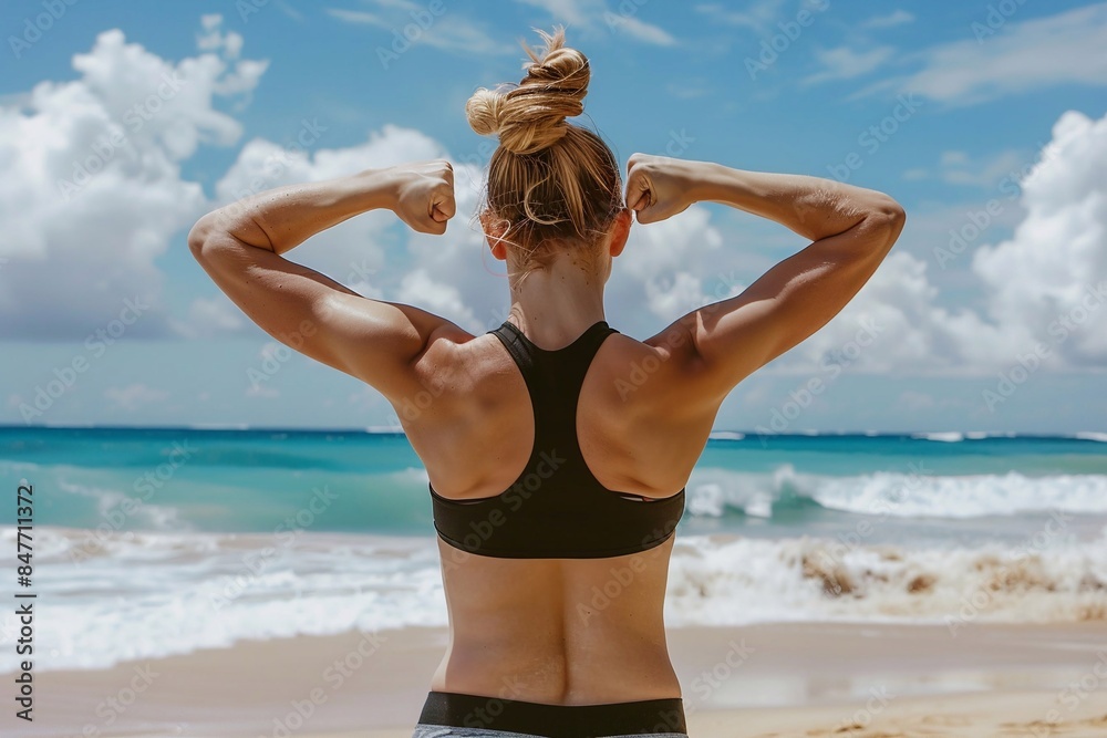 Rear view of fit woman flexing muscles on the beach during summer morning workout.AI Generative. Rear view of fit woman flexing muscles on the beach during summer morning workout.AI Generative.