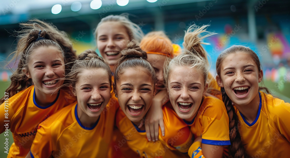 Obraz premium Portrait of young happy female soccer football players celebrating victory on stadium after match.Macro.AI Generative.