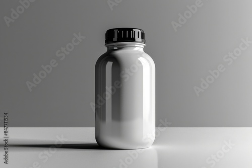 A bottle of medicine sits on a table next to a plant