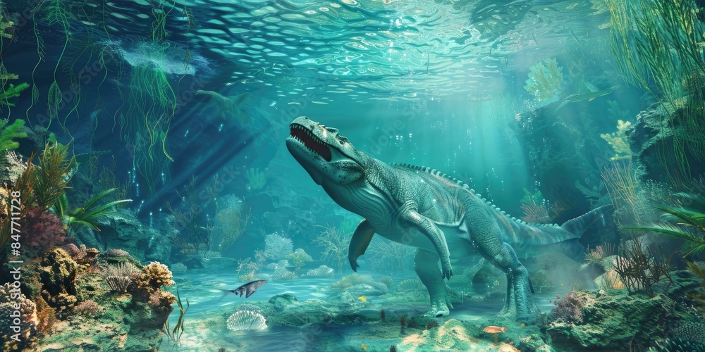 Naklejka premium Ancient Sea Dinosaur Underwater Scene