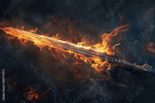Imaginary medieval period image of a sword in flames of fire.