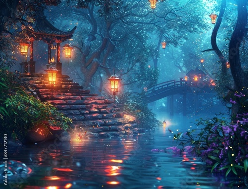 A fantasy staircase with lanterns in the river at night. © Mark