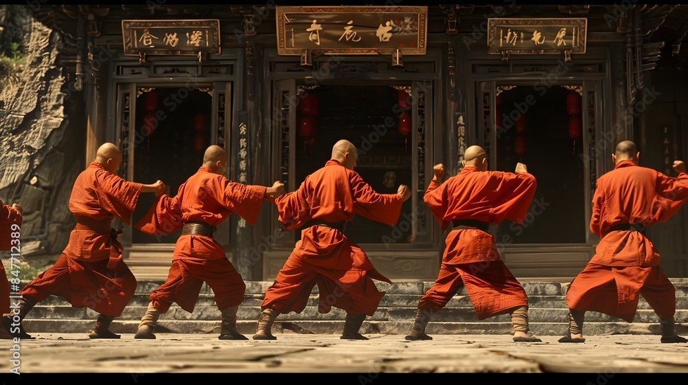 Shaolin Monks Performing Traditional Martial Arts Routine in Ancient Buddhist Temple Shaolin Monks Performing Traditional Martial Arts Routine in Ancient Buddhist Temple