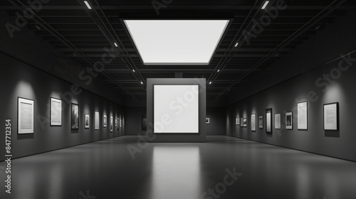 Interior of a modern art gallery featuring framed pictures on dark walls with a blank white canvas in the center, creating a contemporary and minimalist atmosphere. Generative AI