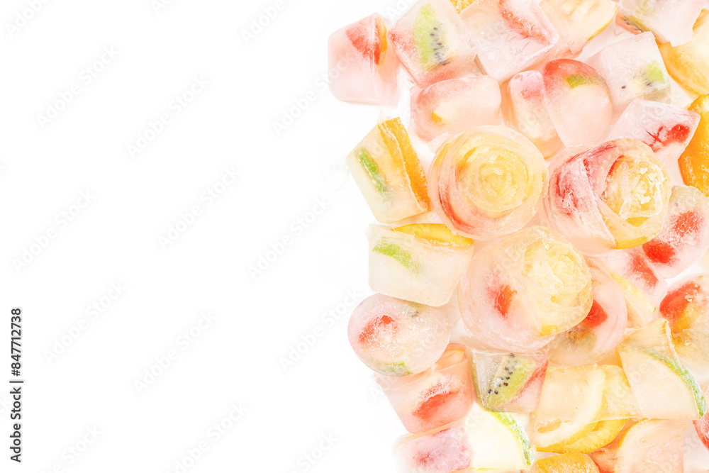 Fruit ice cubes with organic berries on a white background top view. copy space, summer background Fruit ice cubes with organic berries on a white background top view. copy space, summer background