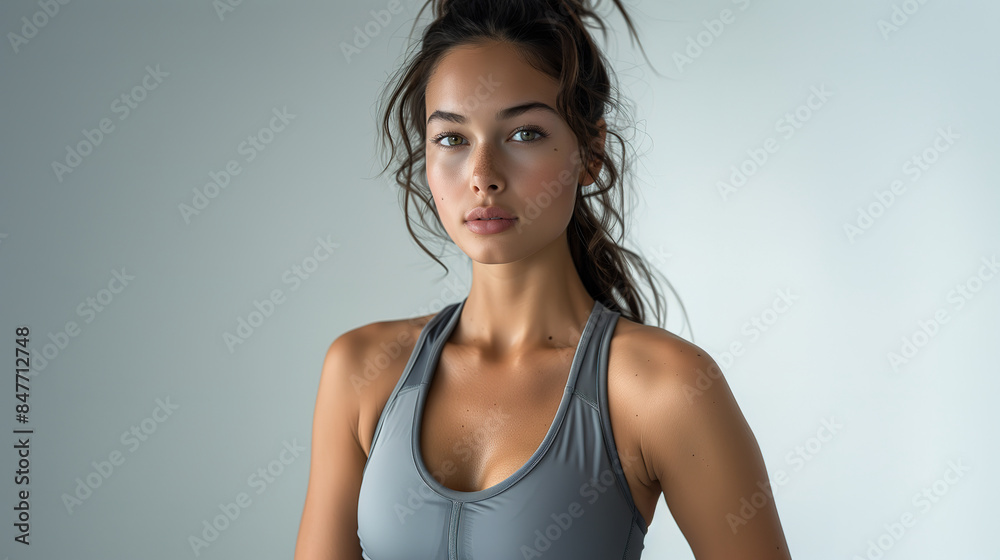 A captivating representation of a european fitness model dressed in a grey athleisure outfit, highlighting her toned arm muscles. Set against a serene light gray background, A captivating representation of a european fitness model dressed in a grey athleisure outfit, highlighting her toned arm muscles. Set against a serene light gray background,