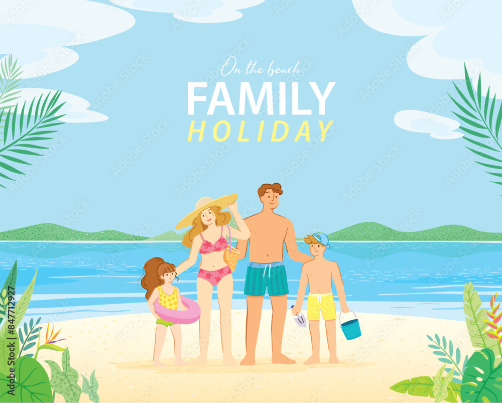 Family goes to the beach Relax on the beach on vacation, holiday travel. Vector illustration for poster and banner. Family goes to the beach Relax on the beach on vacation, holiday travel. Vector illustration for poster and banner.