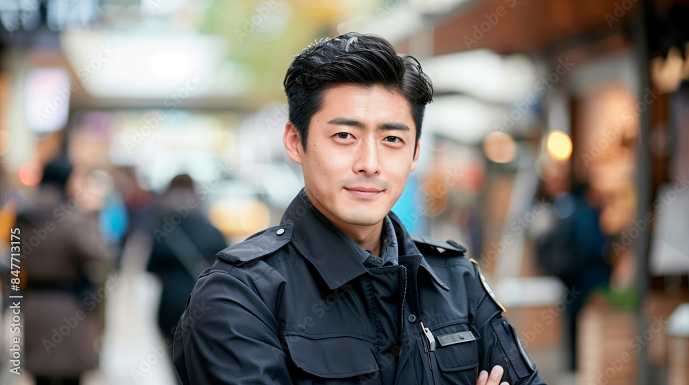 A security guard standing confidently in a bustling shopping center. Light background. Concept of safety and protection.  Generative AI