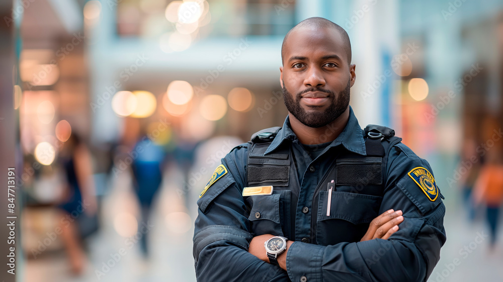 Security guard in a mall, standing with crossed arms, smiling confidently, indoor blurred shopping center background, concept of safety and protection, Generative AI Security guard in a mall, standing with crossed arms, smiling confidently, indoor blurred shopping center background, concept of safety and protection, Generative AI