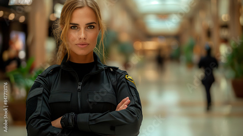 Woman in black security uniform standing with arms crossed. Blurred shopping mall background. Concept of mall security.  Generative AI © ImageFlow