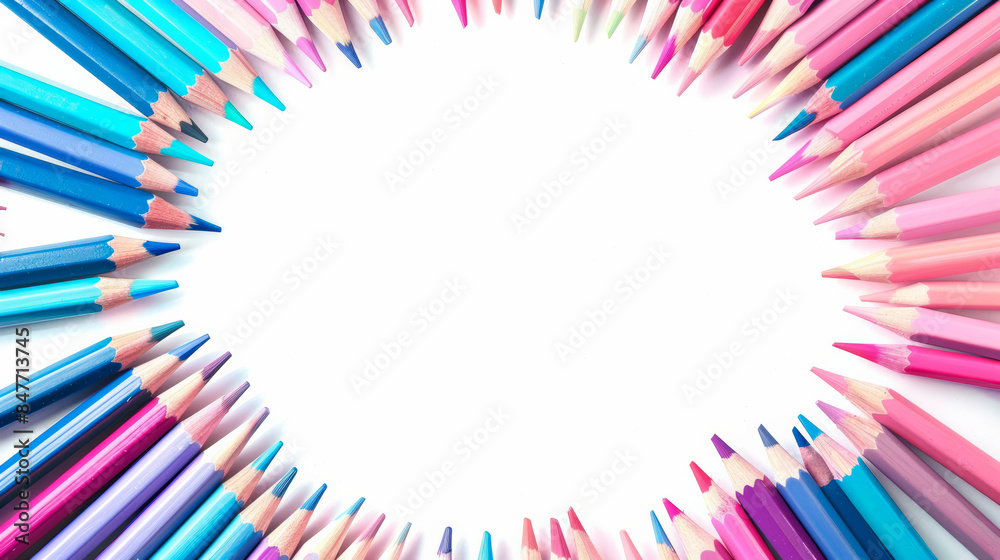 Fototapeta premium School notebooks and pencils in cheerful shades of pink and blue, watercolor frame with white empty space for text in the center isolated on a white background 