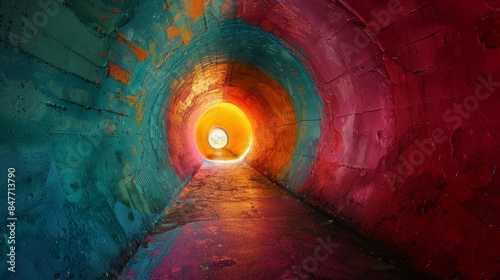 Vibrant colorful wall with light circular hole, casting intricate circular patterns, abstract and vivid, high saturation