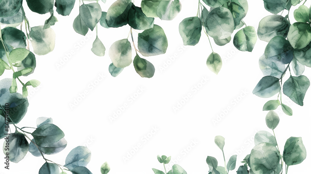 Soft eucalyptus leaf watercolor frame with blank white area for text, isolated on a white background Soft eucalyptus leaf watercolor frame with blank white area for text, isolated on a white background